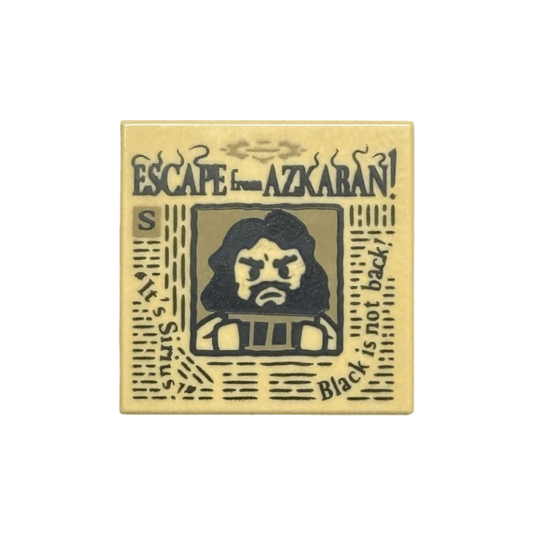 Tan Tile 2 x 2 with Newspaper with 'ESCAPE from AZKABAN!', 'It's Sirius!', 'Black is not back!' and Sirius Black Minifigure on Wanted Poster Pattern