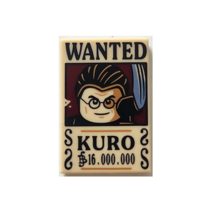Tan Tile 2 x 3 with Wanted Poster with Black 'WANTED' 'KURO' Berry '16.000.000' Pattern