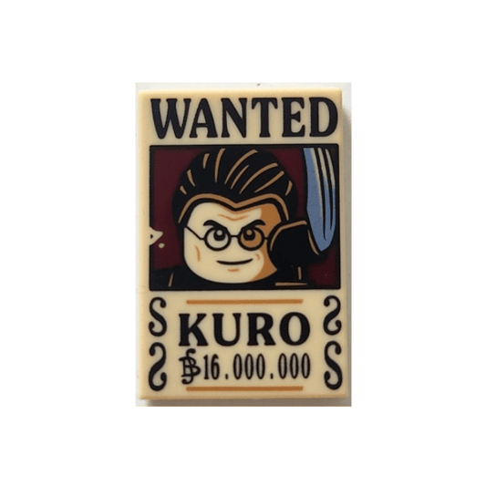 Tan Tile 2 x 3 with Wanted Poster with Black 'WANTED' 'KURO' Berry '16.000.000' Pattern