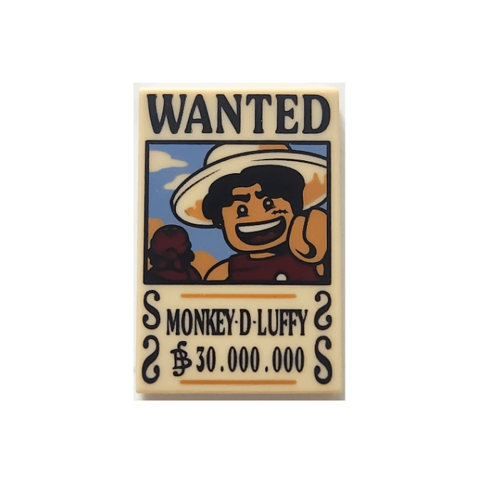 Tan Tile 2 x 3 with Wanted Poster with Black 'WANTED' 'MONKEY-D-LUFFY' Berry '$30.000.000' Pattern