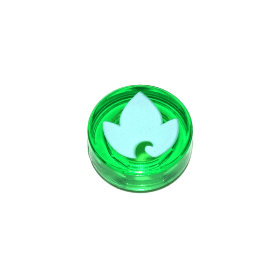 Trans-Green Tile, Round 1 x 1 with Elves Earth Power Symbol, White Leaf Pattern
