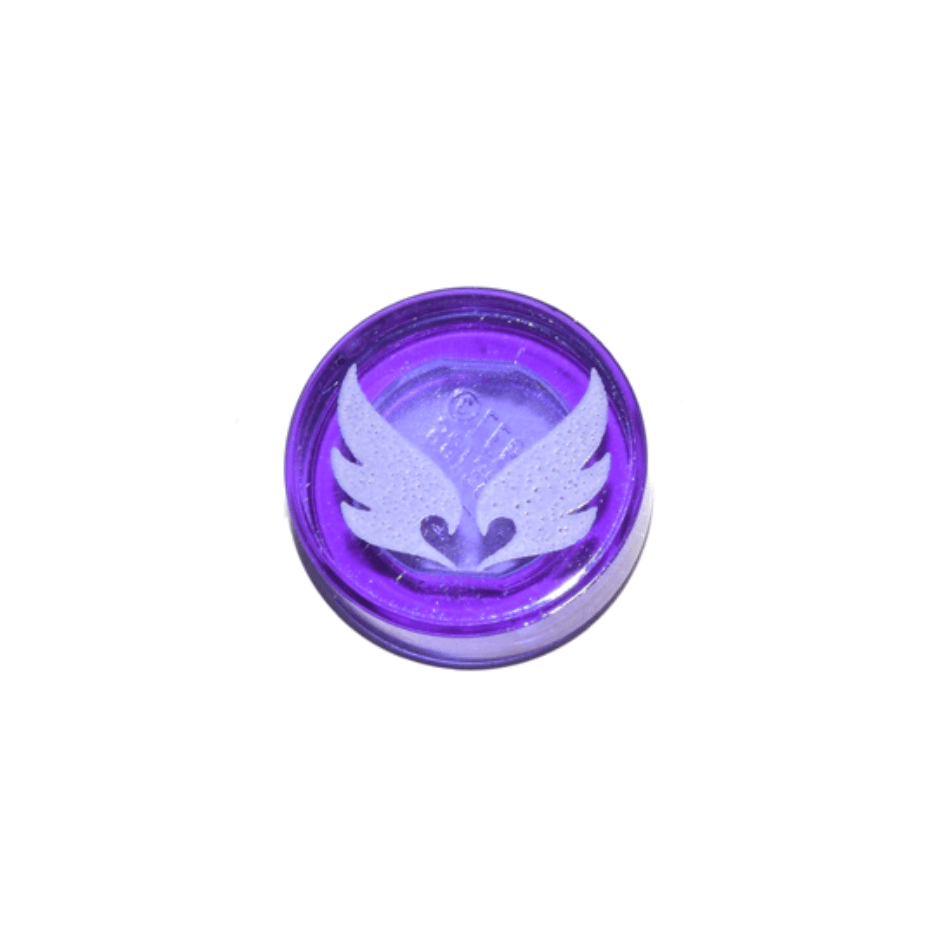 Trans-Purple Tile, Round 1 x 1 with Elves Wind Power Symbol, White Wings Pattern