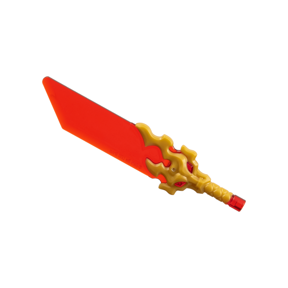 Trans-Red Minifigure, Weapon Sword with Pommel with Molded Pearl Gold Hilt with Flaming Dragon Head Pattern Reveal Blade