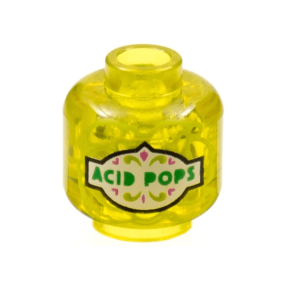 Trans-Yellow Minifigure, Head without Face with Green 'ACID POPS' on White Label Pattern