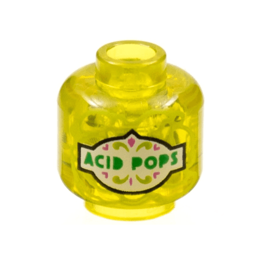 Trans-Yellow Minifigure, Head without Face with Green 'ACID POPS' on White Label Pattern