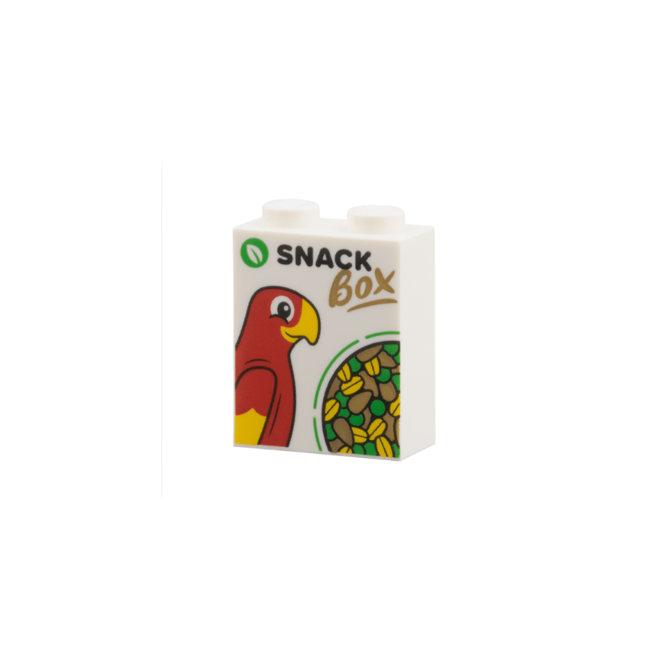 White Brick 1 x 2 x 2 with Inside Stud Holder with Green Leaf, Red Parrot, Seeds, Black 'SNACK', Dark Tan 'BOX' Pattern
