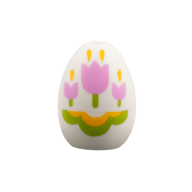White Egg with Small Pin Hole with Bright Pink Tulips, Lime Stems, Bright Light Orange Trim Easter Pattern