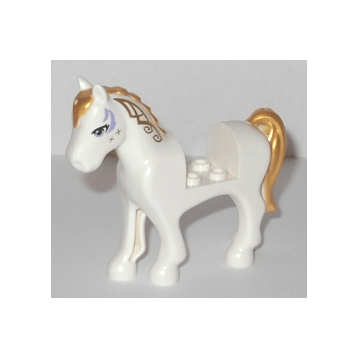 White Horse, Friends Style with 2 x 2 Cutout with Lavender Eyes and Face Decoration, Gold Mane and Tail Pattern