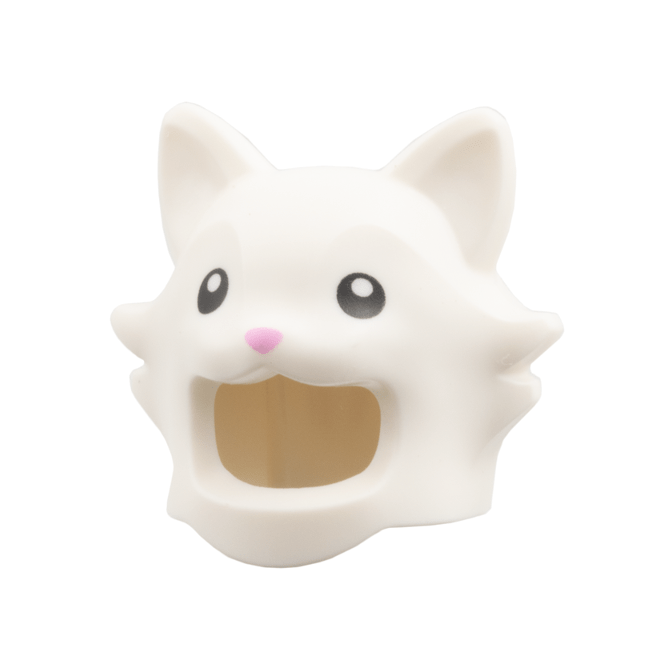 White Minifigure, Headgear Head Cover, Costume Cat with Black Eyes, Bright Pink Nose Pattern