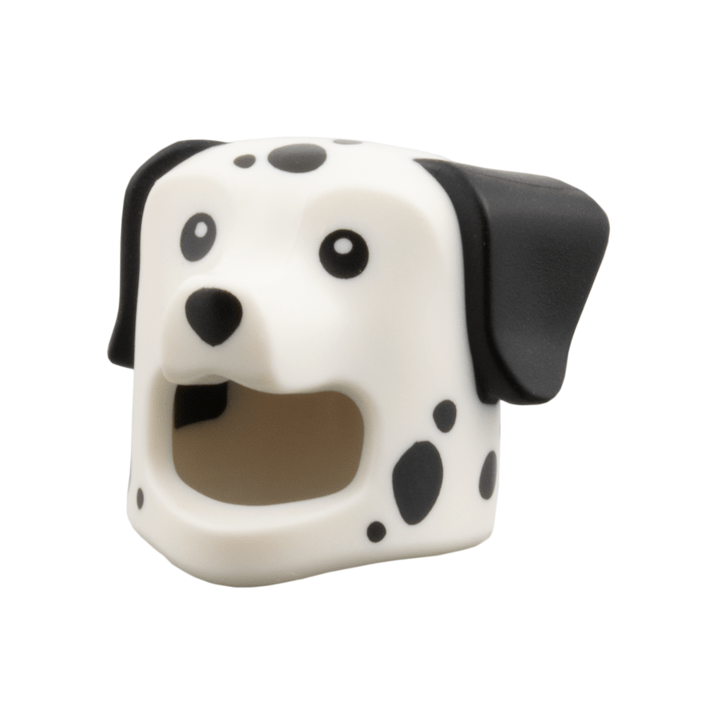 White Minifigure, Headgear Head Cover, Costume Dog with Molded Black Ears, Printed Black Spots, Eyes, and Nose Pattern