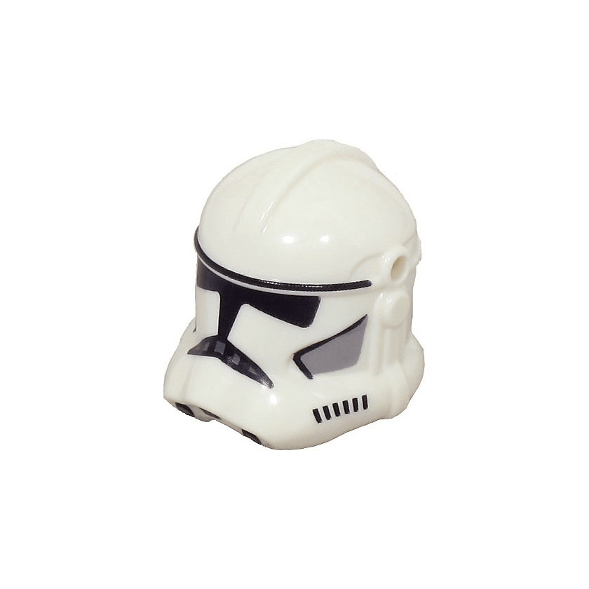 White Minifigure, Headgear Helmet SW Clone Trooper Phase 2 with Holes with Black Visor and Markings and Light Bluish Gray Cheek Indents Pattern