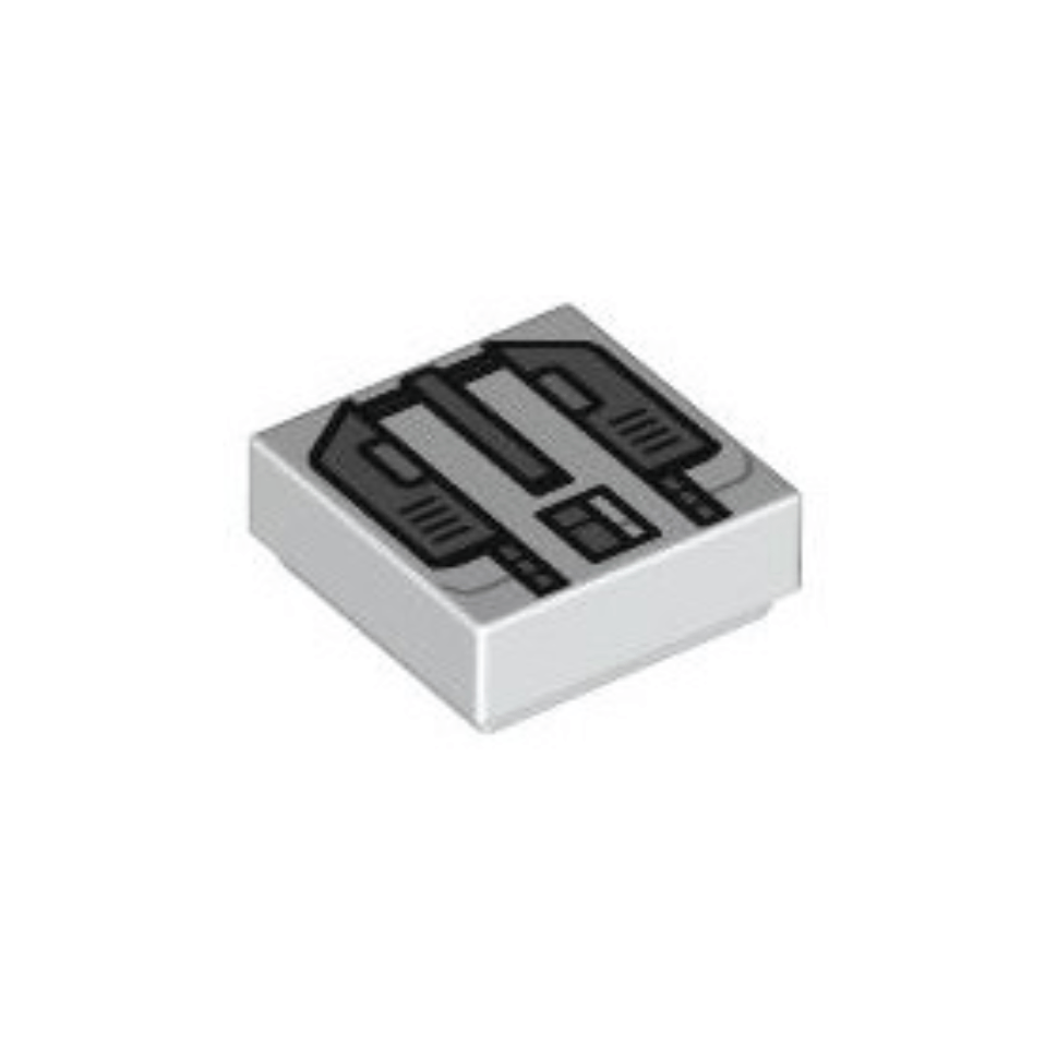 White Tile 1 x 1 with SW Imperial Commando Jet Pack with Dark Bluish Gray Trapezoids and Silver Rectangles Pattern