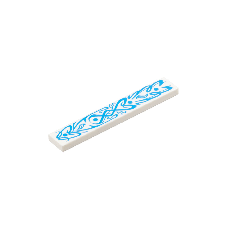 White Tile 1 x 6 with Dark Azure Flowery Filigree with Dots and Curved Lines Pattern
