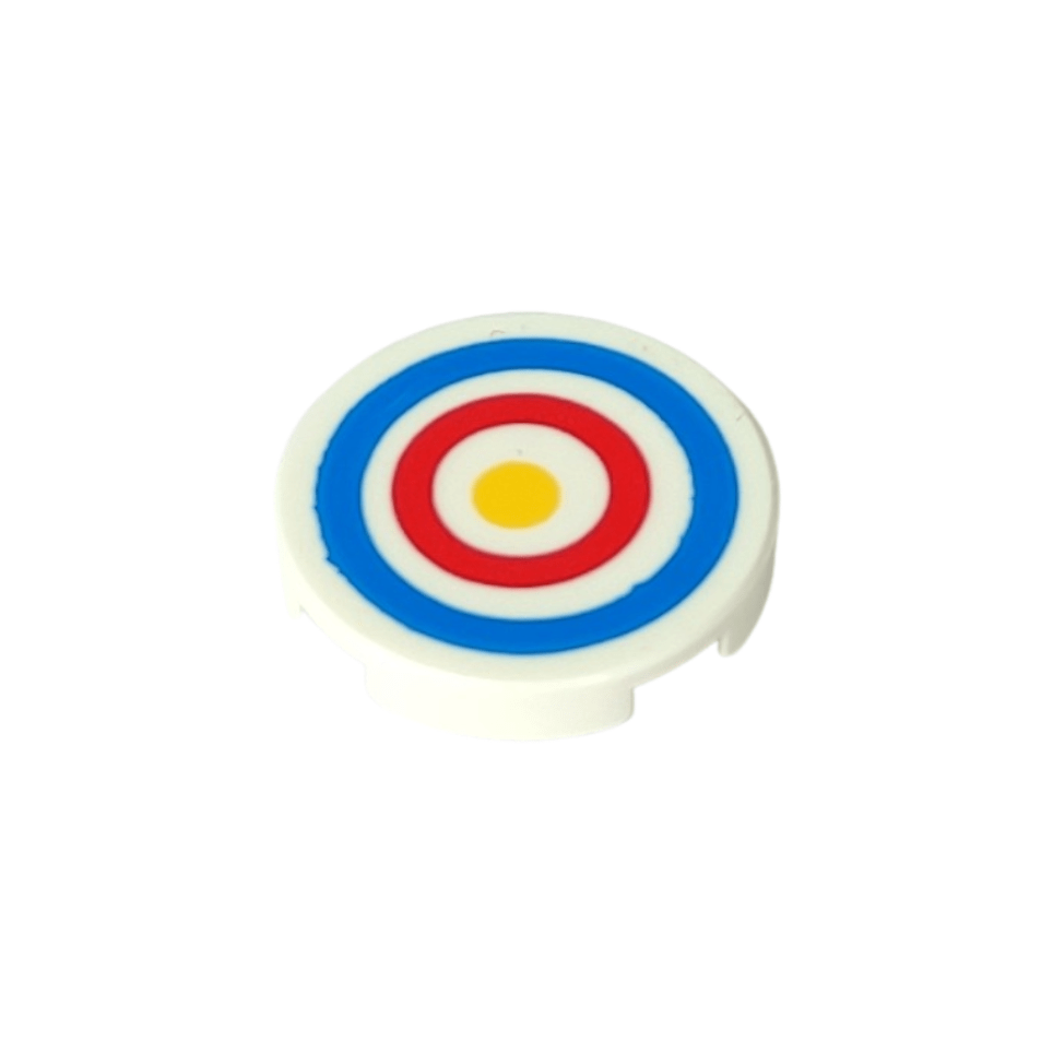 White Tile, Round 2 x 2 with Bottom Stud Holder with Blue and Red Circles and Yellow Dot Archery Target Pattern