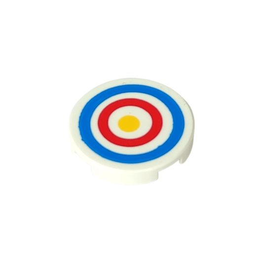 White Tile, Round 2 x 2 with Bottom Stud Holder with Blue and Red Circles and Yellow Dot Archery Target Pattern