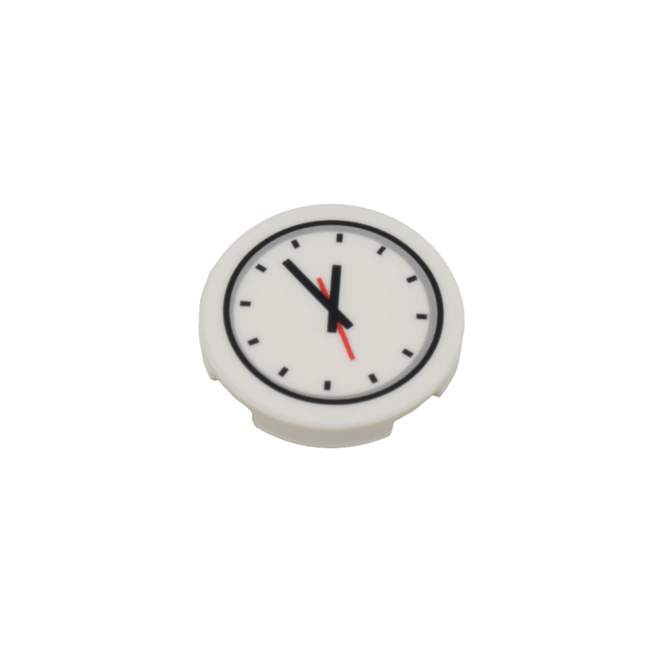 White Tile, Round 2 x 2 with Bottom Stud Holder with Clock and Red and Black Hands Pattern