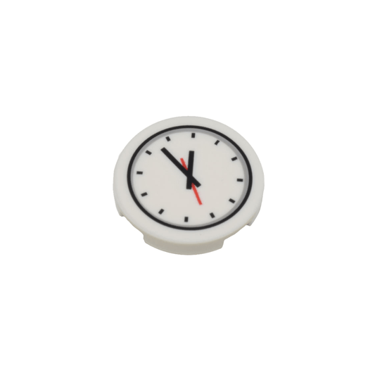 White Tile, Round 2 x 2 with Bottom Stud Holder with Clock and Red and Black Hands Pattern