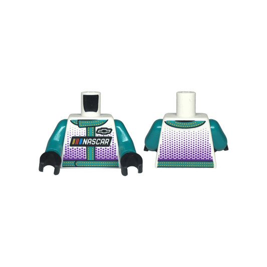 White Torso Racing Suit with 'NASCAR' and Black Chevrolet Logo, Dark Turquoise Trim with Bright Light Orange Stitching and Dark Purple Dots Pattern / Dark Turquoise Arms / Black Hands