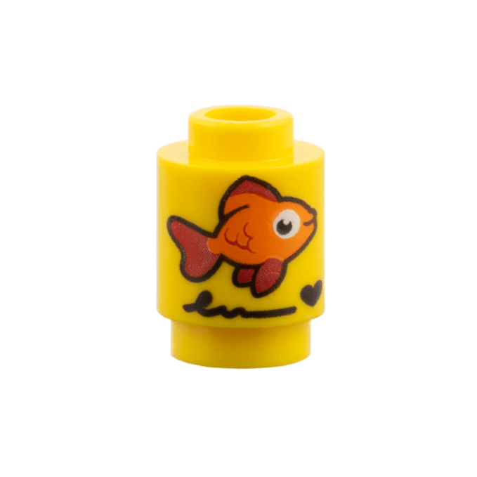 Yellow Brick, Round 1 x 1 with Orange and Red Fish, Black Scribble and Heart Pattern