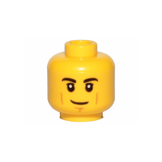 Yellow Minifigure, Head Black Eyebrows, Upper Eyelids, Nougat Cheek Lines and Chin Dimple, Lopsided Grin Pattern