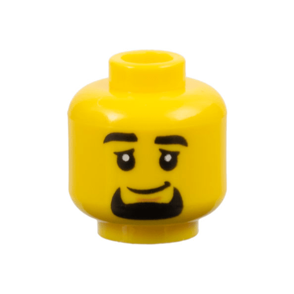 Yellow Minifigure, Head Black Eyebrows and Goatee, Medium Nougat Chin Dimple, Lopsided Grin Pattern
