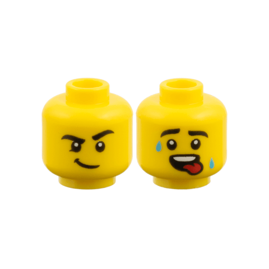 Yellow Minifigure, Head Dual Sided, Black Eyebrows, Lopsided Smirk / Sweat Drops and Red Tongue Pattern