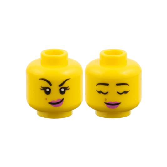 Yellow Minifigure, Head Dual Sided, Black Eyebrows, Medium Nougat Mole, Dark Pink Lips, Lopsided Grin / Closed Eyes Pattern