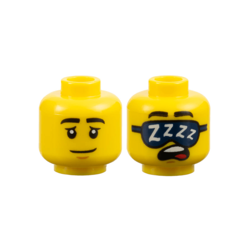 Yellow Minifigure, Head Dual Sided Black Eyebrows, Medium Nougat Chin Dimple, Neutral with Eyelids / Sleeping with Open Mouth, Dark Blue Sleep Mask with White 'ZZZZ' Pattern