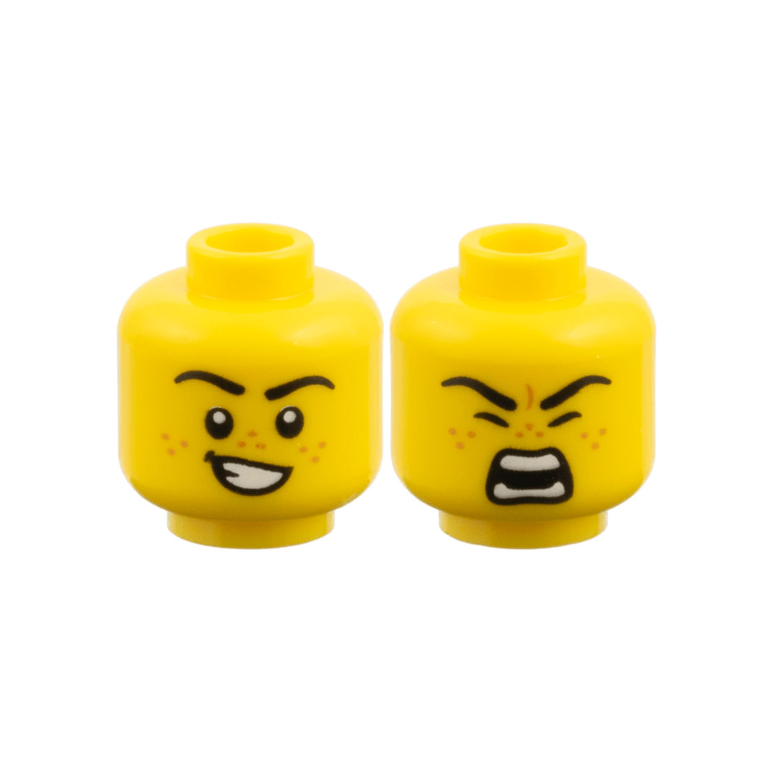 Yellow Minifigure, Head Dual Sided, Black Eyebrows, Medium Nougat Freckles, Lopsided Grin with Teeth / Roaring Pattern