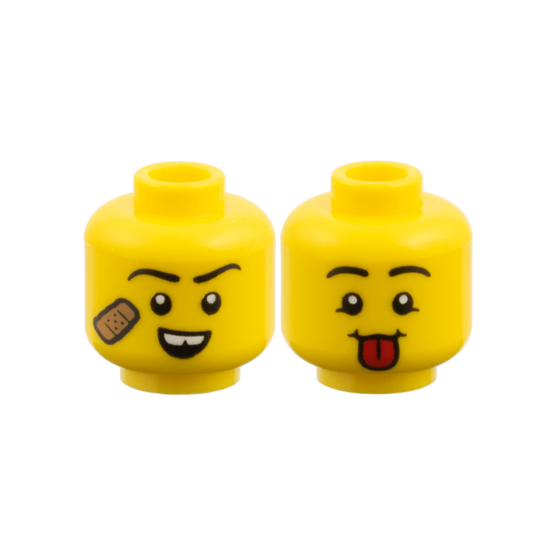 Yellow Minifigure, Head Dual Sided, Black Eyebrows, Medium Nougat Bandage and Gap in Teeth / Red Tongue Pattern