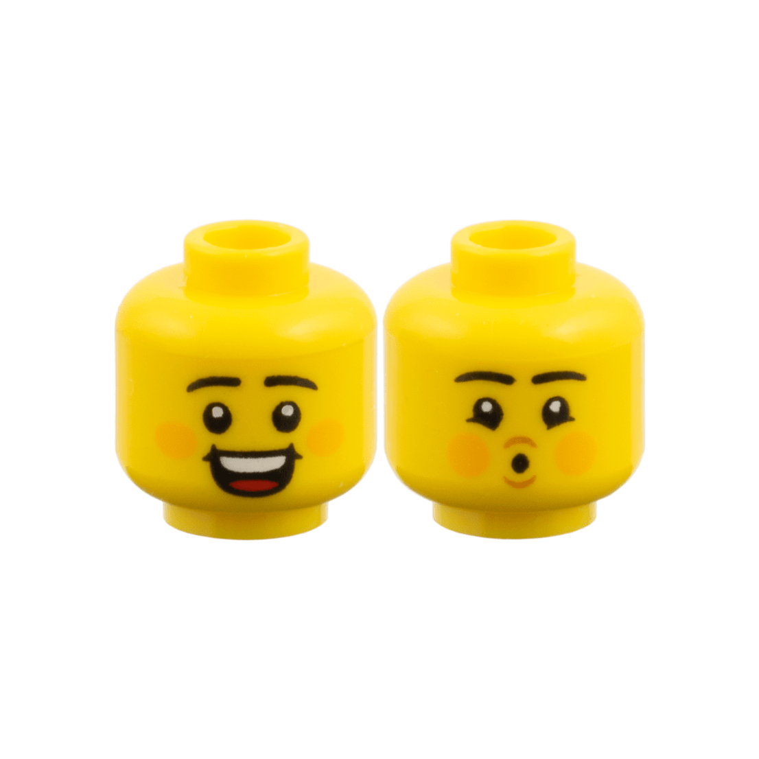 Yellow Minifigure, Head Dual Sided, Black Eyebrows, Orange Cheeks, Open Smile / Pucker Pattern