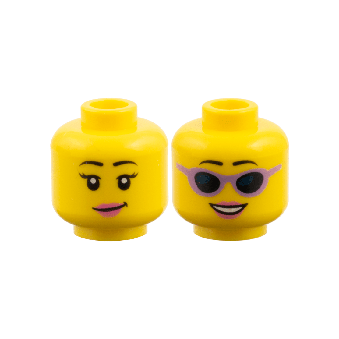 Yellow Minifigure, Head Dual Sided Female Black Eyebrows, Dark Pink Lips, Eyelashes / Sunglasses with Medium Lavender Frames Pattern