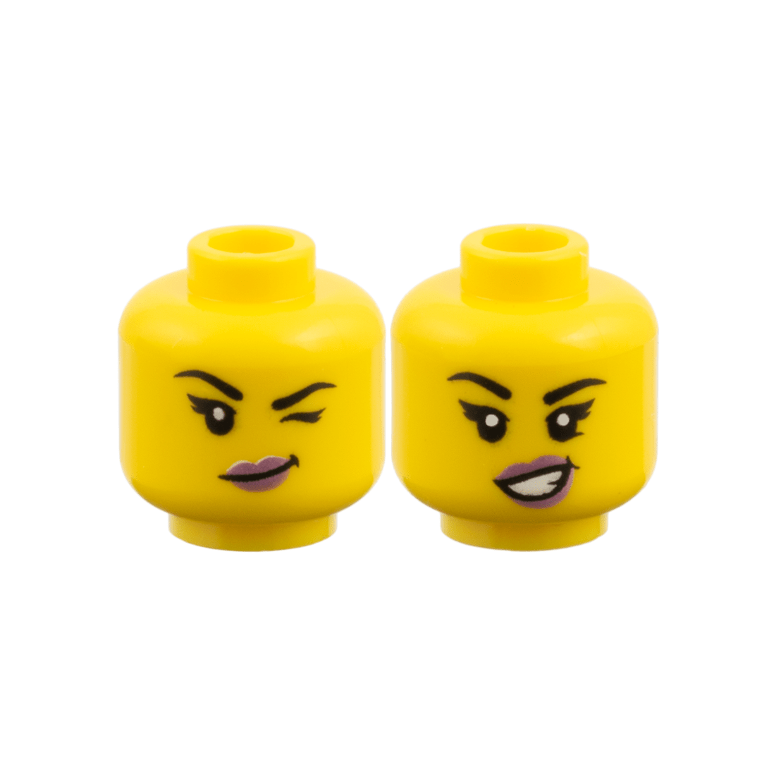 Yellow Minifigure, Head Dual Sided Female, Black Eyebrows, Metallic Pink Lips, Lopsided Grin and Wink Left / Open Smile with Teeth Pattern