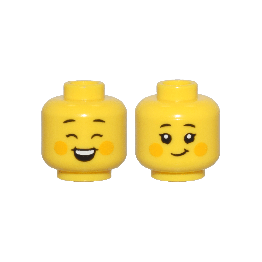Yellow Minifigure, Head Dual Sided Female Black Eyebrows, Bright Light Orange Cheek Spots, Closed Eyes, Open Mouth Smile / Closed Mouth Smile Pattern