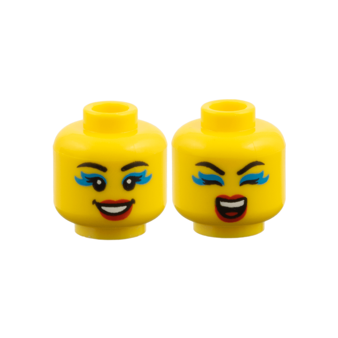 Yellow Minifigure, Head Dual Sided Female, Black Eyebrows, Dark Azure Eye Shadow, Red Lips, Smile / Eyes Closed Singing Pattern