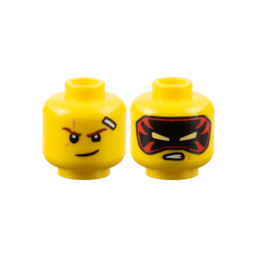 Yellow Minifigure, Head Dual Sided Reddish Brown Eyebrows, Nougat Scar, White Bandage, Lopsided Grin / Black and Red Mask with Bright Light Yellow Eye Holes, Open Mouth Scowl with Teeth Pattern