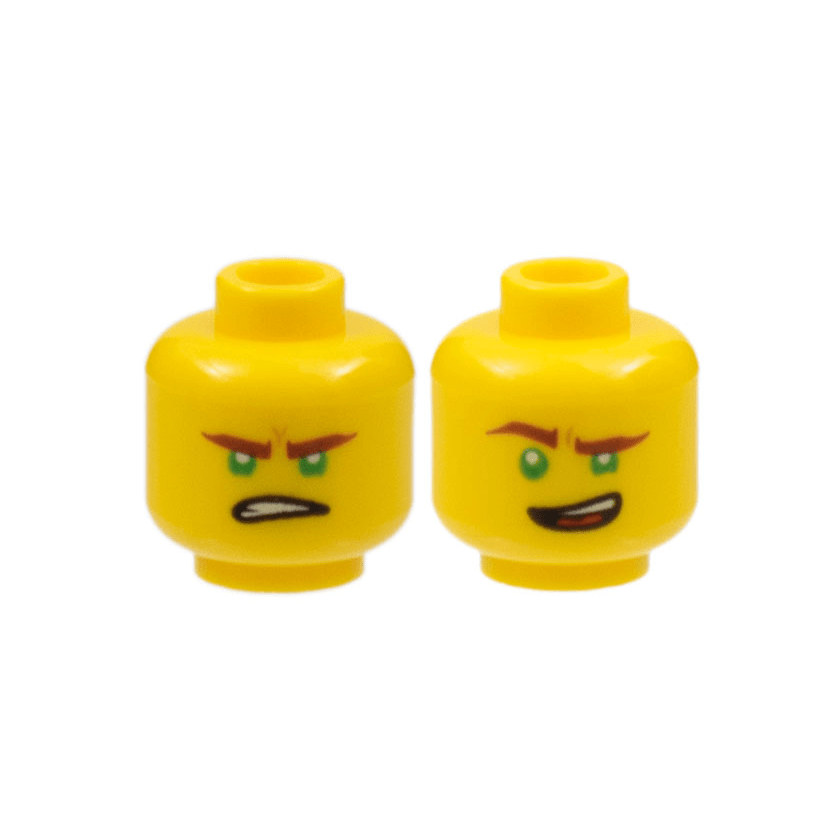 Yellow Minifigure, Head Dual Sided Reddish Brown Eyebrows, Green Eyes, Lopsided Open Mouth Grin / Gritted Teeth Pattern Lloyd