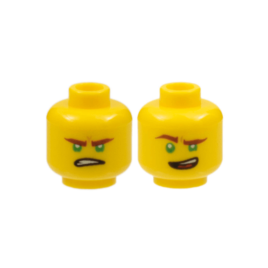 Yellow Minifigure, Head Dual Sided Reddish Brown Eyebrows, Green Eyes, Lopsided Open Mouth Grin / Gritted Teeth Pattern Lloyd