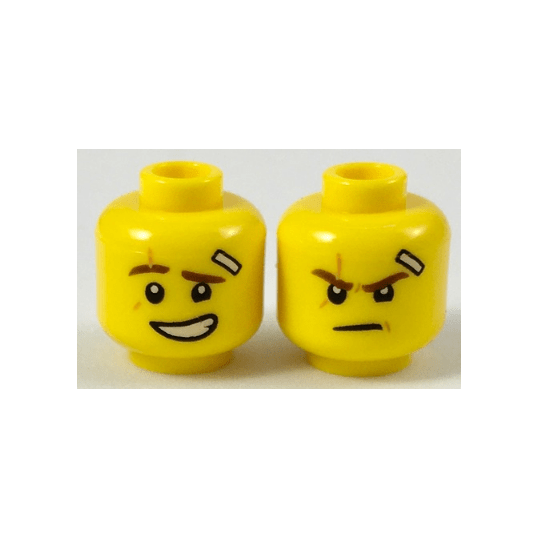 Yellow Minifigure, Head Dual Sided Reddish Brown Eyebrows, Medium Nougat Scar, Bandage, Lopsided Grin with Teeth / Determined Pattern Kai
