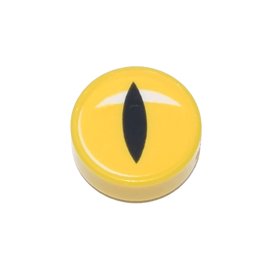 Yellow Tile, Round 1 x 1 with Eye, Black Slit Pupil and White Crescent Glint Pattern