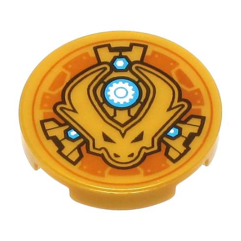 Pearl Gold Tile, Round 2 x 2 with Bottom Stud Holder with Dragon Head with Horns and Black Eyes, Dark Azure and White Nuts and Gear in Circle Pattern