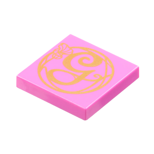 Dark Pink Tile 2 x 2 with Gold Script Capital Letter G (Glinda) and Flower Pattern