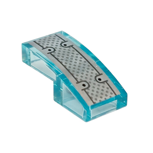 Trans-Light Blue Slope, Curved 2 x 1 x 2/3 with Black and Dark Bluish Gray Dots and Lines on Silver Background Pattern