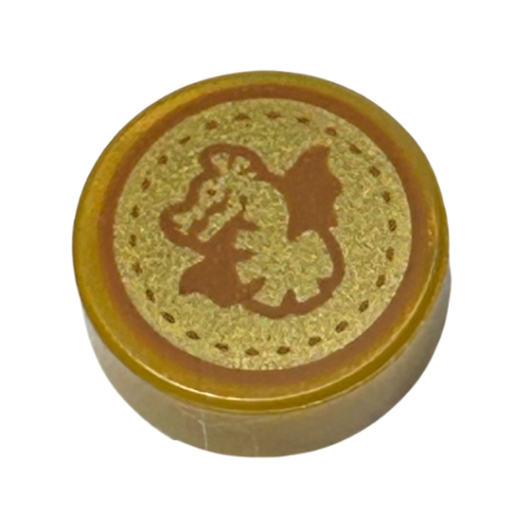 Pearl Gold Tile, Round 1 x 1 with Dark Orange Dragon and Dotted Circle on Gold Background Pattern (HP Unum Galleon)