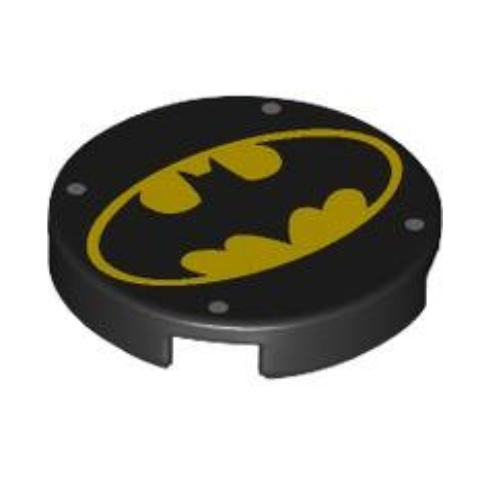 Black Tile, Round 2 x 2 with Bottom Stud Holder with Bat on Yellow Oval Batman Logo and 4 Silver Dots Pattern