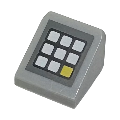 Light Bluish Gray Slope 30 1 x 1 x 2/3 with Keypad with White and Yellow Buttons on Dark Bluish Gray Background Pattern