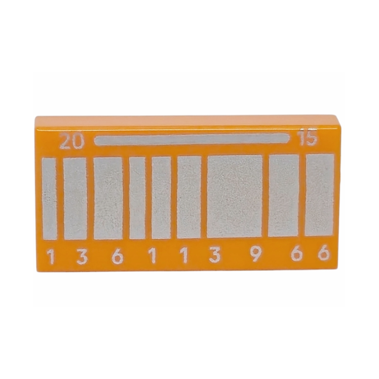Orange Tile 1 x 2 with Silver Rectangles, '20', '15' and '136113966' Pattern