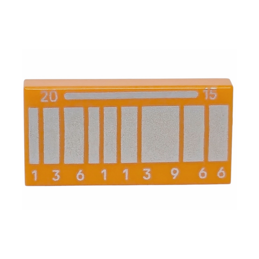 Orange Tile 1 x 2 with Silver Rectangles, '20', '15' and '136113966' Pattern