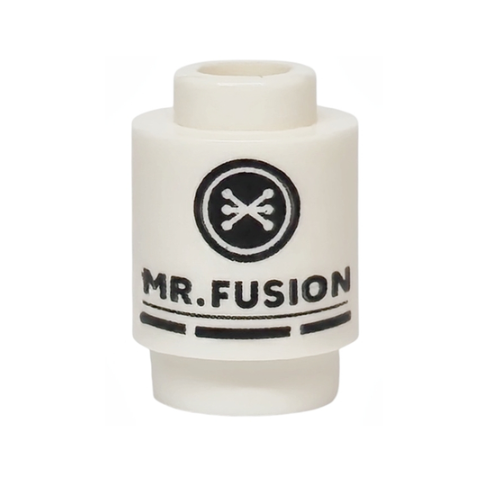White Brick, Round 1 x 1 with Black 'MR. FUSION' Pattern