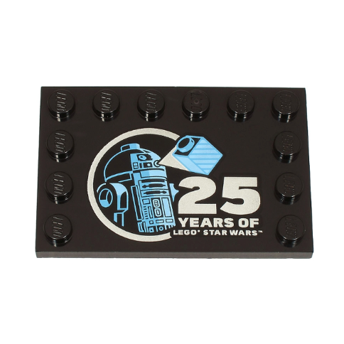 Black Tile, Modified 4 x 6 with Studs on Edges with Bright Light Blue and Medium Blue R2-D2 Minifigure and Silver '25 YEARS OF LEGO STAR WARS' Pattern